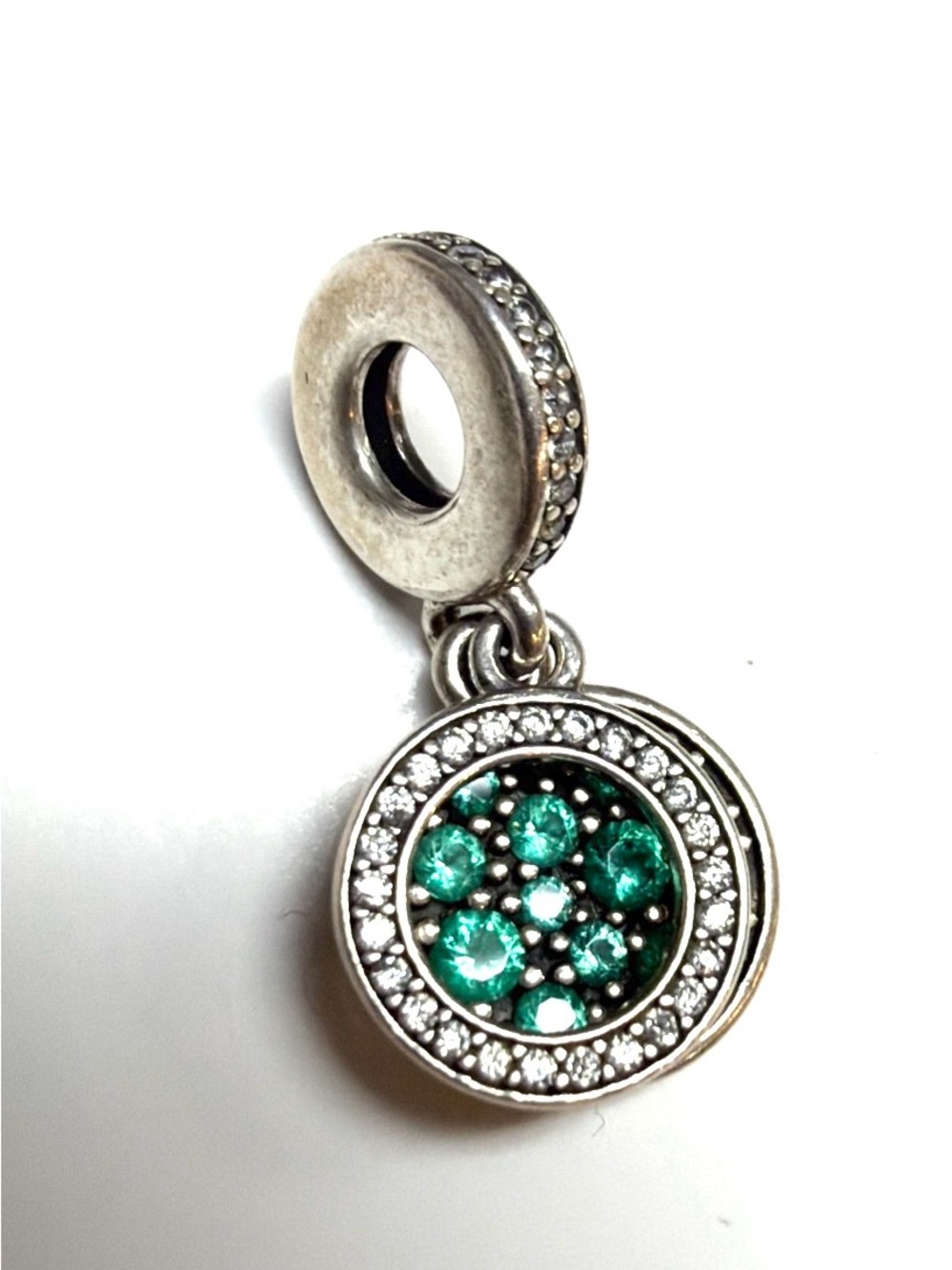 Pandora Sterling Silver Sparkling Green Disc Double Dangle Charm #799186C02